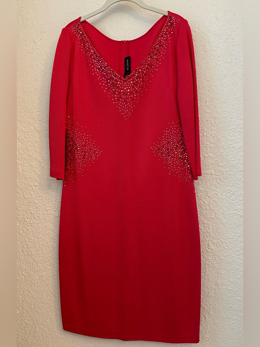 St. John Red Embellished Long Sleeve Sheath Dress